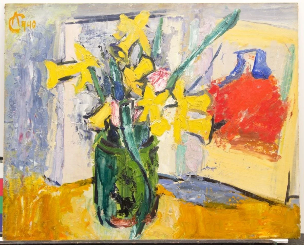 Narcise în borcan verde și carte deschisă, by Alexandru Ciucurencu, 1950