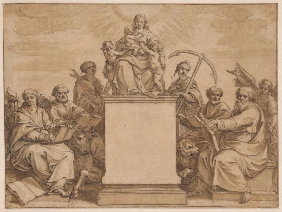 The Three Theological Virtures: Faith, Hope, and Charity, Surrounded by the Four Evangelists, by Pieter I de Jode, 1634