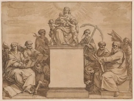 The Three Theological Virtures: Faith, Hope, and Charity, Surrounded by the Four Evangelists