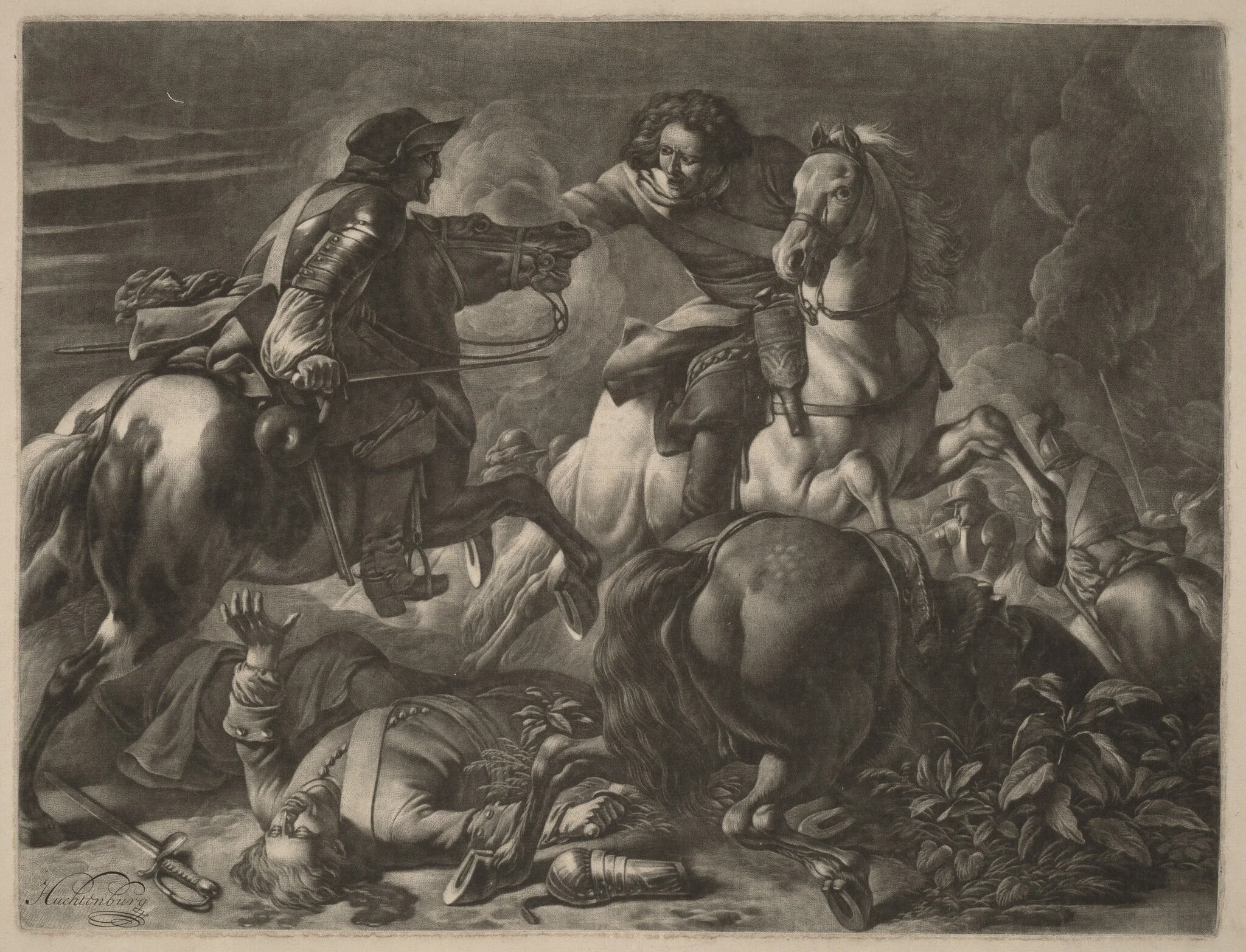 Two Fighting Horsemen, by Jan van Huchtenburgh, ink, 1690