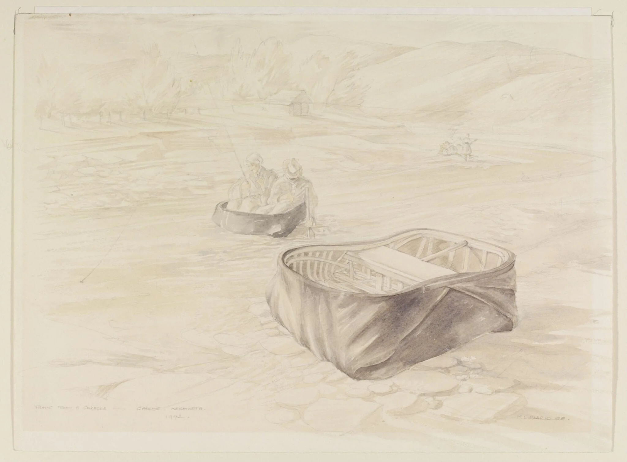 Fishing from a Coracle, Carrog, Merionethshire, by Mildred E. Eldridge, watercolor, 1942
