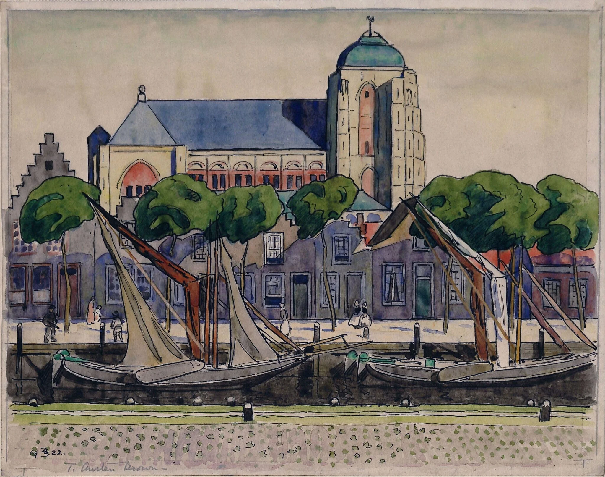 The Church and Harbour at Veere, by Thomas RI Austen-Brown, watercolor, 1922