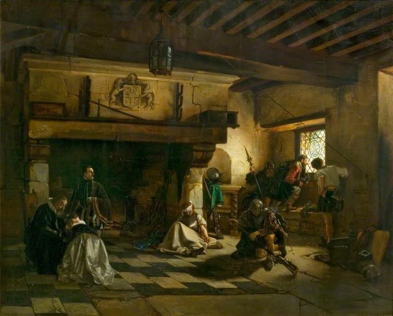 Interior with Armed Men and a Family Group, by Eugène Delfosse, oil, 1845
