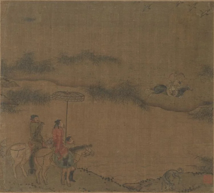 Three Horsemen Hunting Wild Geese, by Unknown, unspecified, 1120