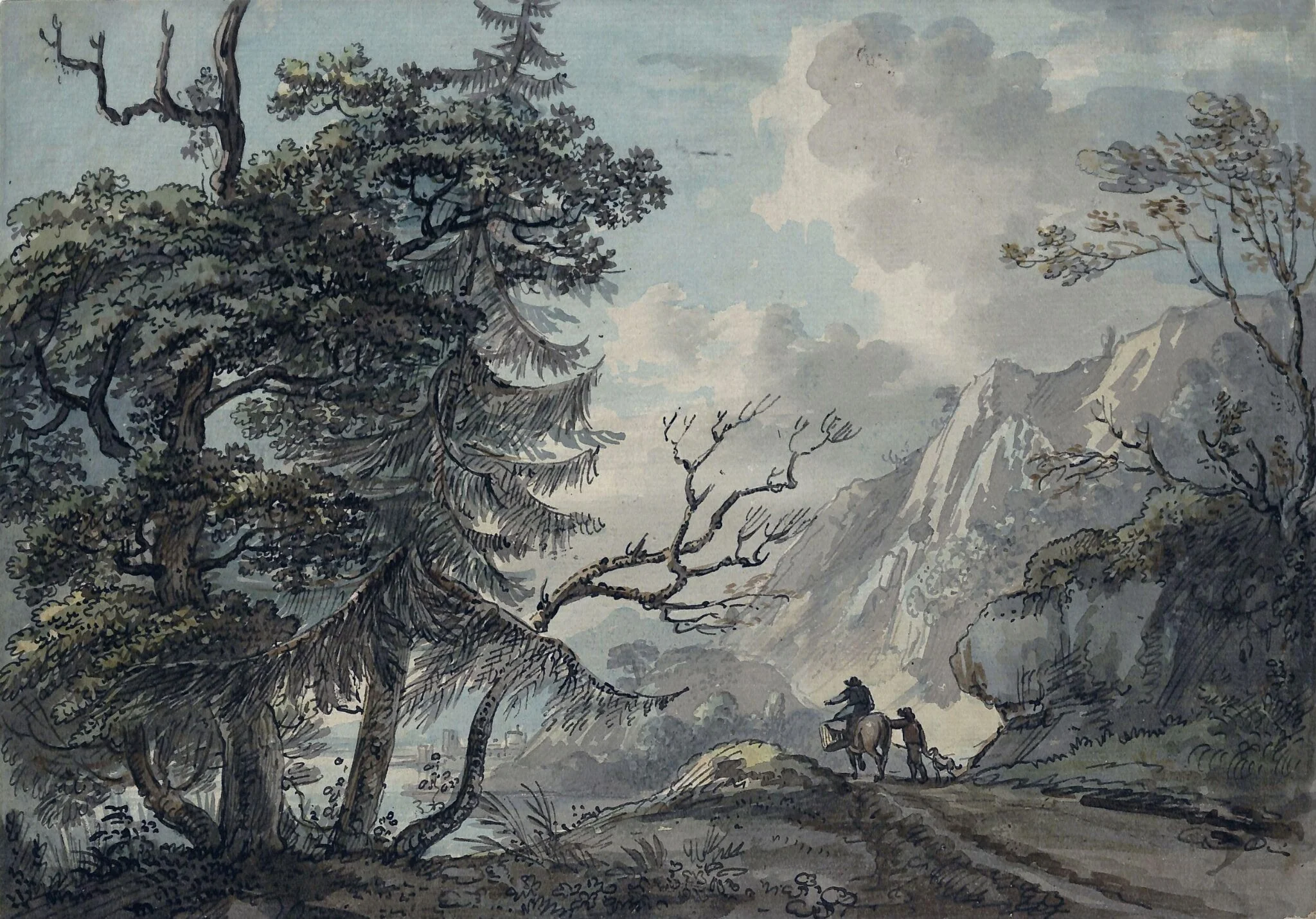 A road in mountainous country, leading to a castle by a lake