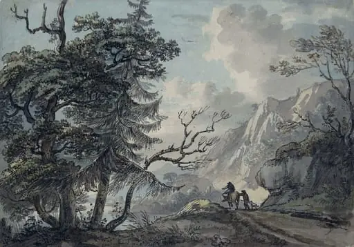 A road in mountainous country, leading to a castle by a lake
