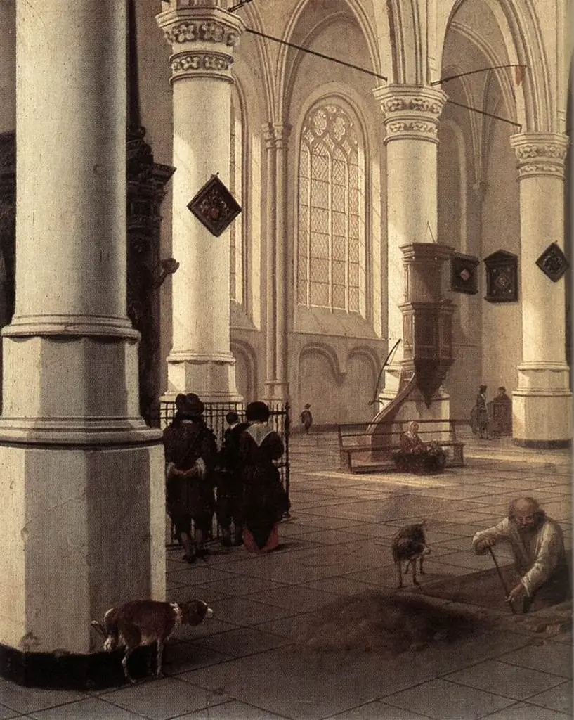 Interior of the New Church of Delft with a man digging a grave