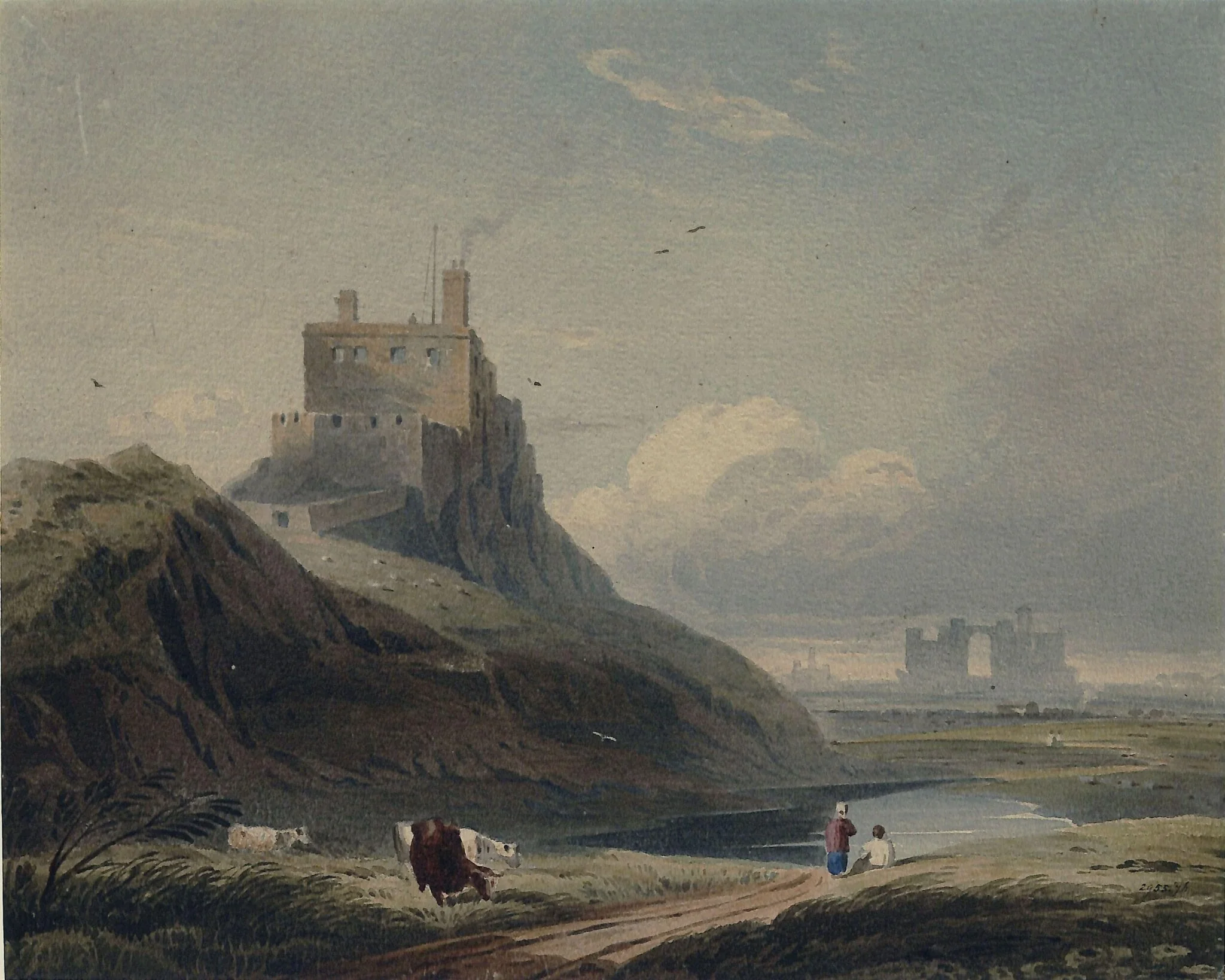 Castle at Holy Island, and Lindisfarne Abbey, by John Varley, watercolor, 1811