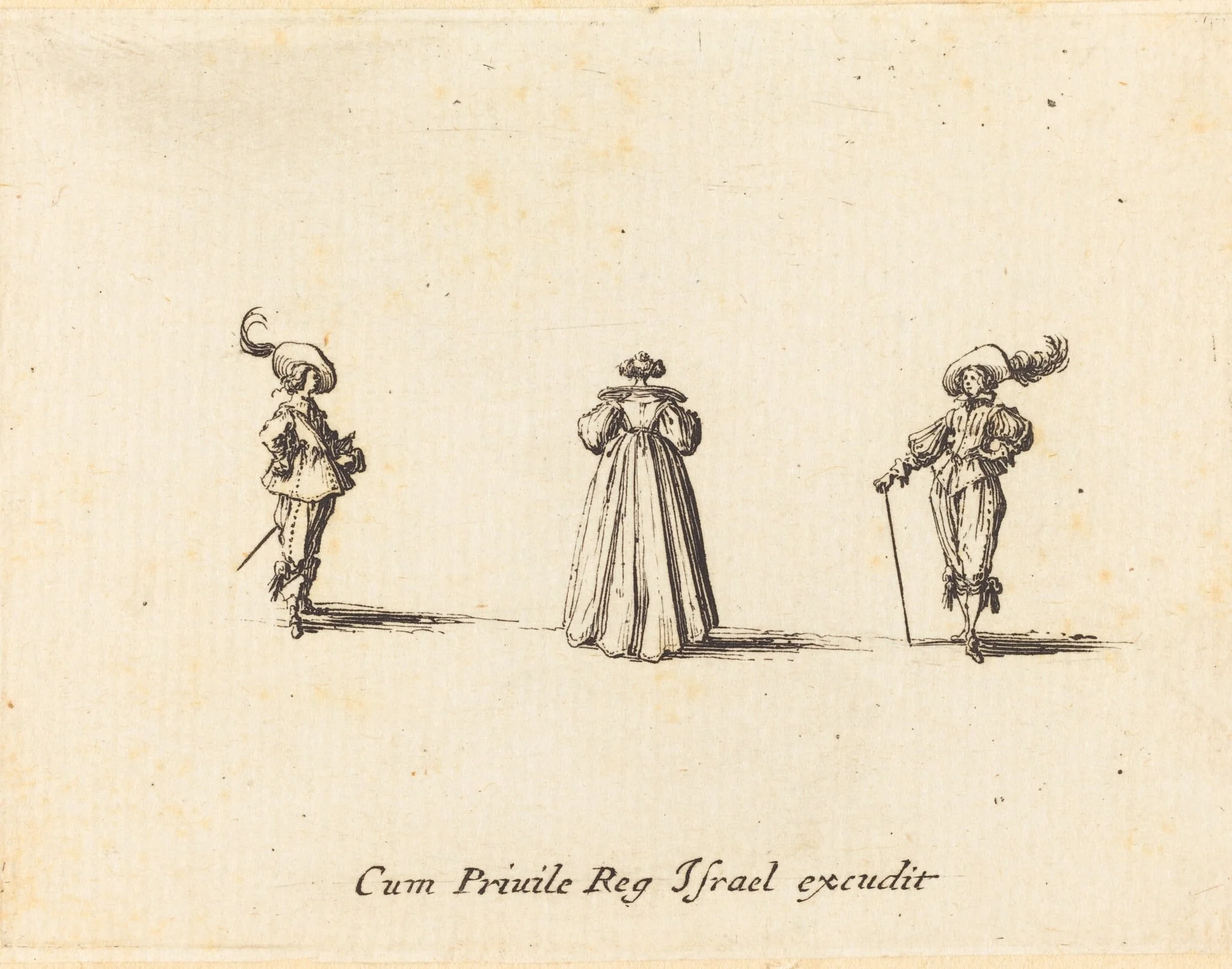 Lady Seen from Behind, and Two Gentlemen, by Jacques Callot, ink, 1634