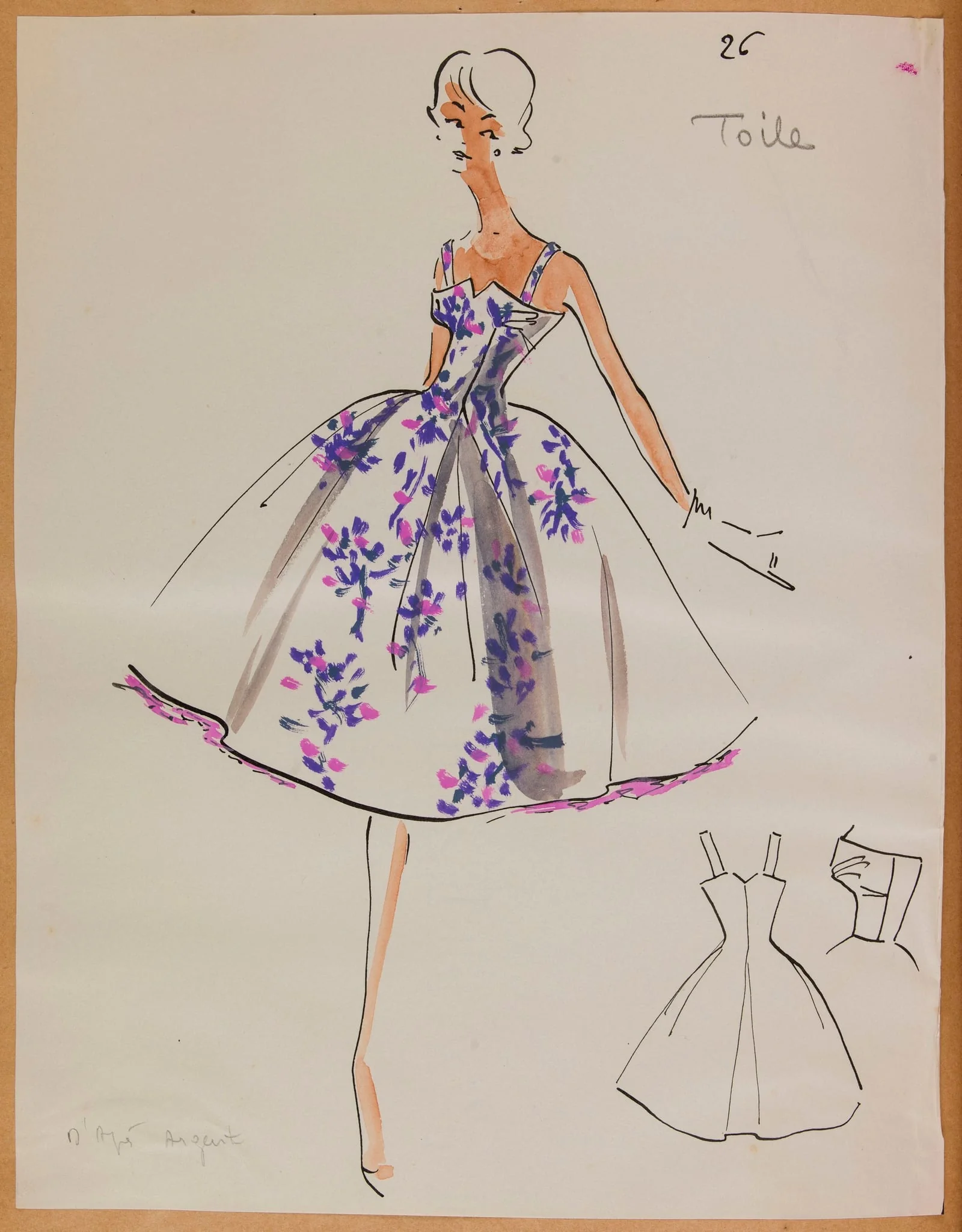 Robe à bretelles à motif rose et violet, by Carven, 1957