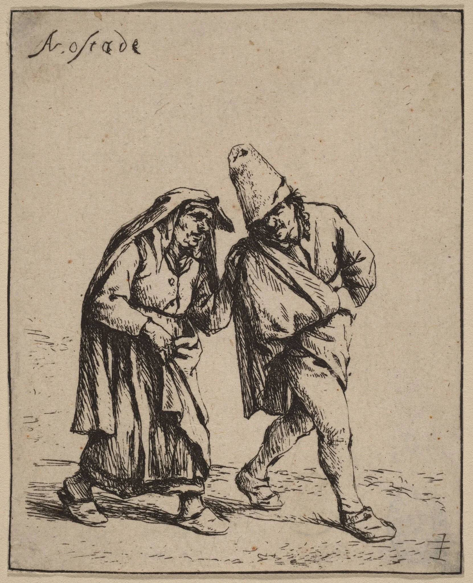 Peasant Couple Walking, by Adriaen van Ostade, ink, 1647