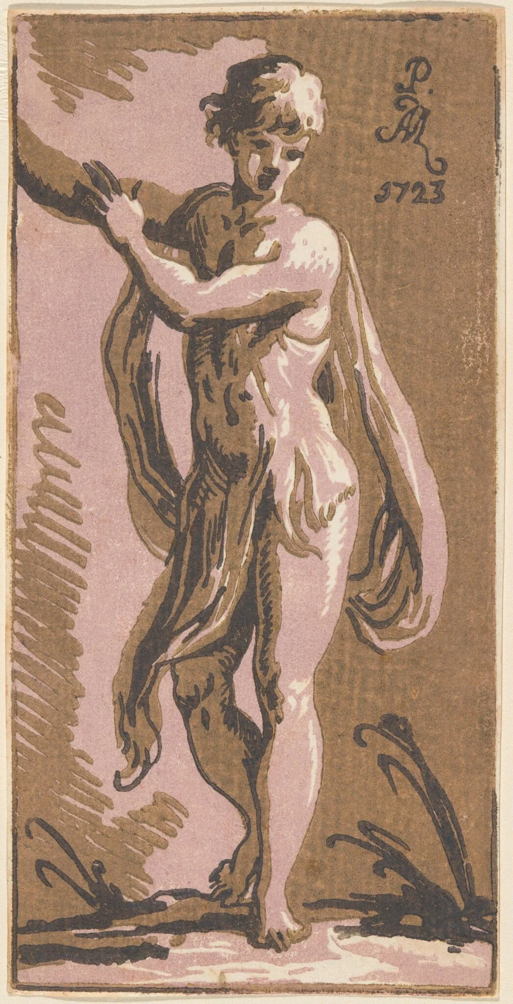 A Standing Youth Gesturing to His Right, by Anton Maria Zanetti I, ink, 1723