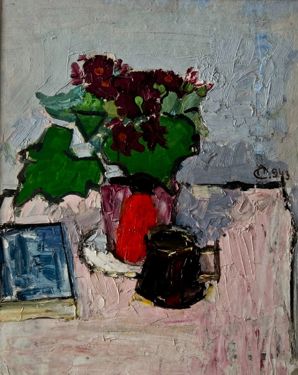 Natură statică cu flori, cană și carte, by Alexandru Ciucurencu, 1943