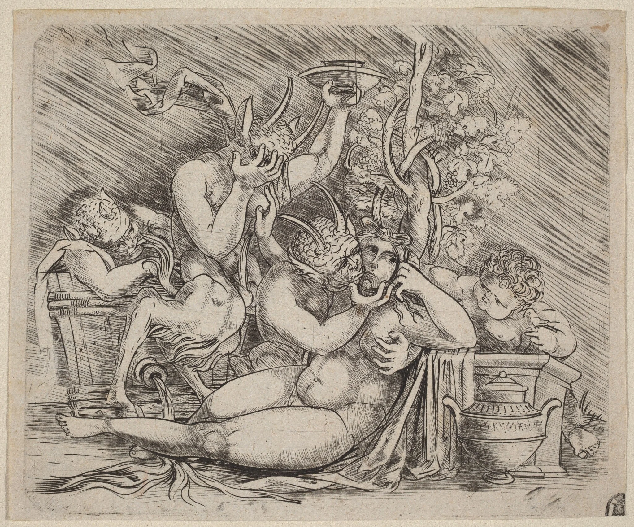 Bacchanalian Scene with Satyrs and a Maenad, by Master of 1515, ink, 1515