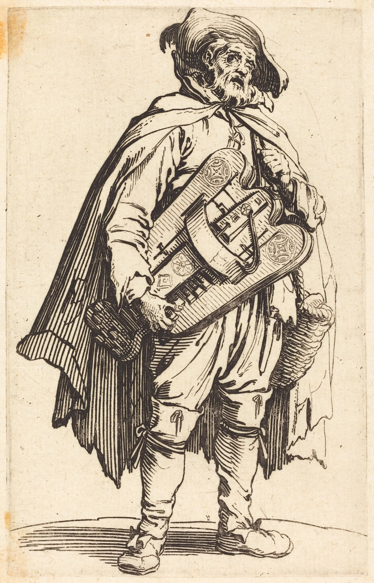 The Hurdy-Gurdy Player, by Jacques Callot, ink, 1622