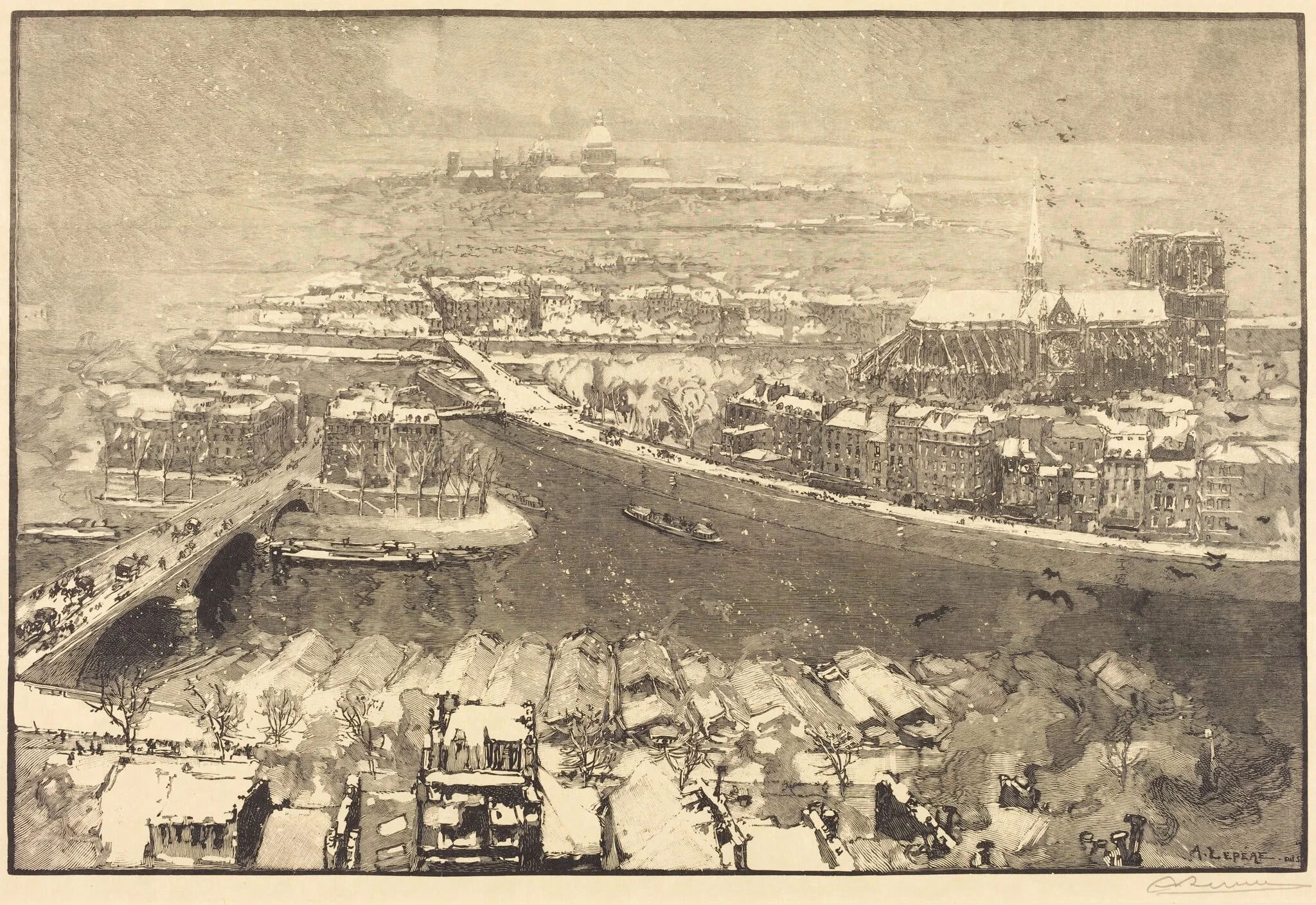 Paris under Snow, View from St.-Gervais (Paris sous la neige, vu du haut de St.-Gervaais), by Auguste Lepère, ink, 1890