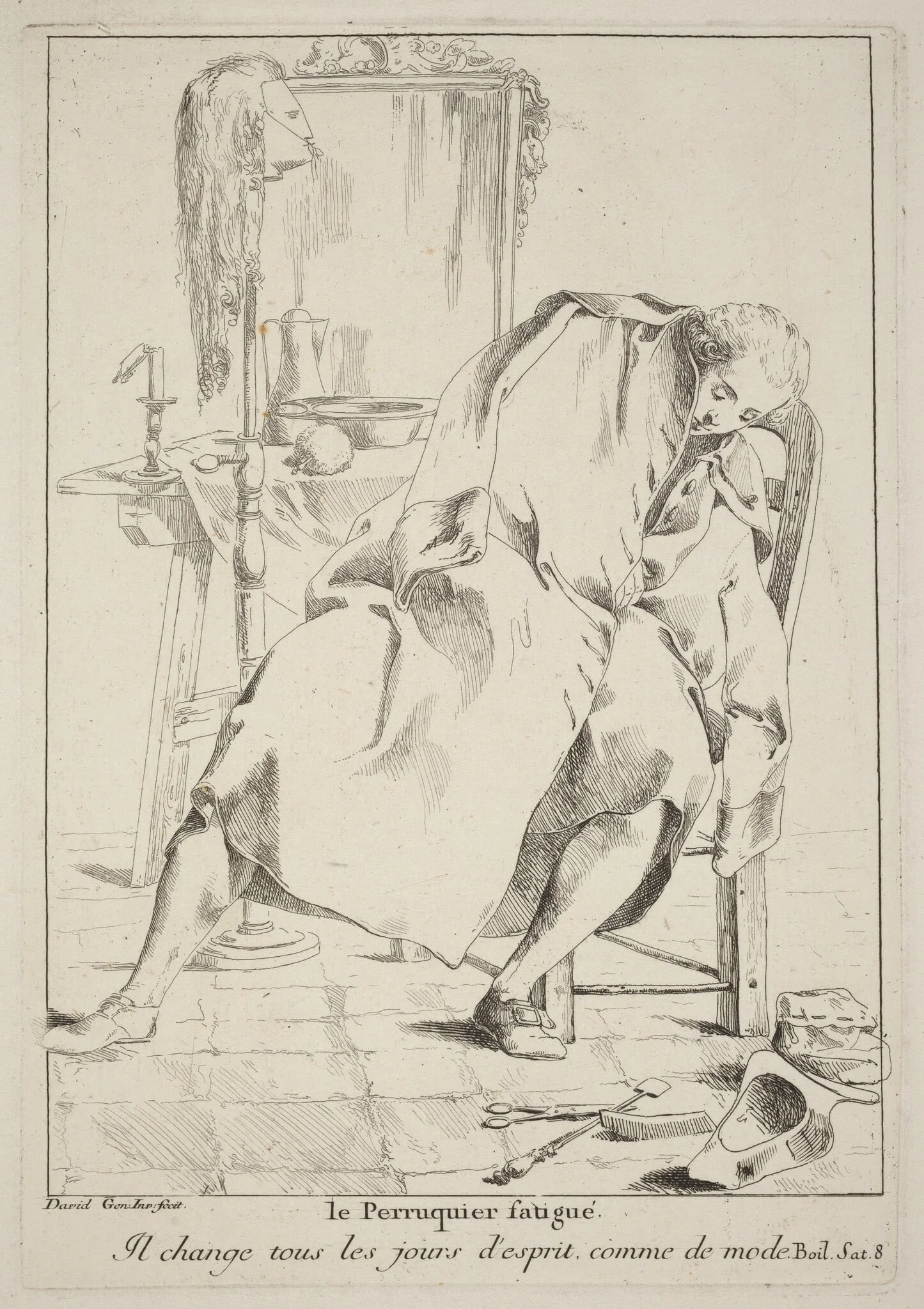 Le Perruquier fatigué (The Tired Wigmaker), by Giovanni David, ink, 1775