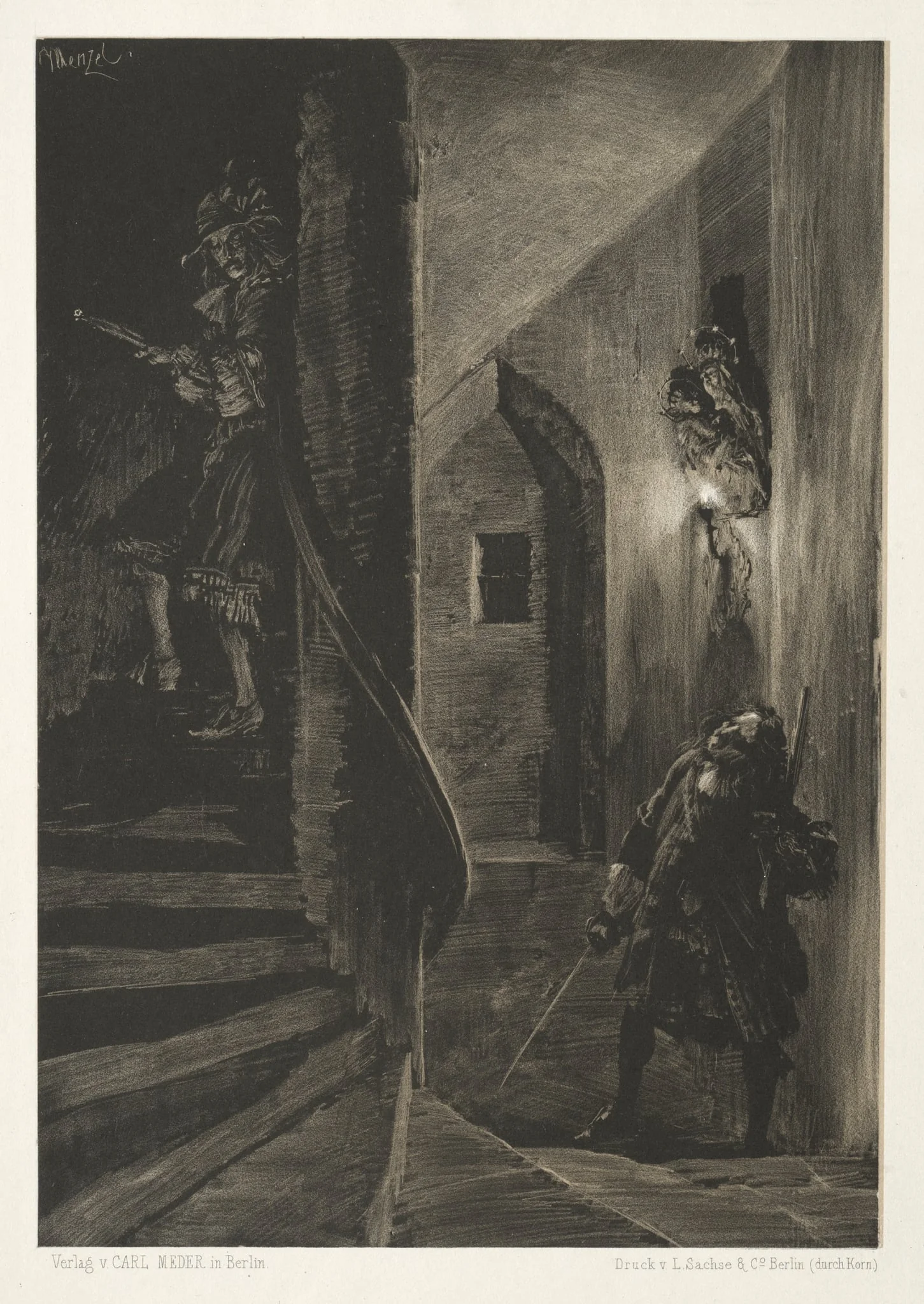 Essay on Stone with Brush and Scraper:  Chase on the Winding Staircase, by Adolph von Menzel, 1851