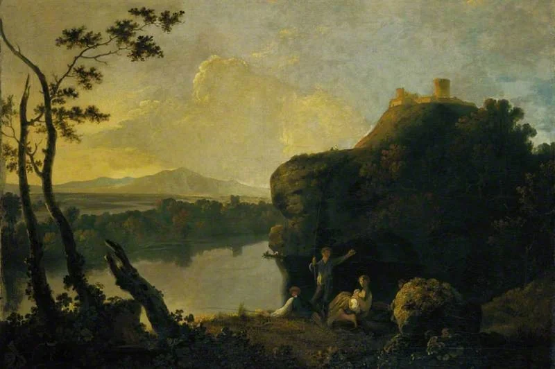 A River Scene with a Castle and Figures, by Richard Wilson, oil, 1755