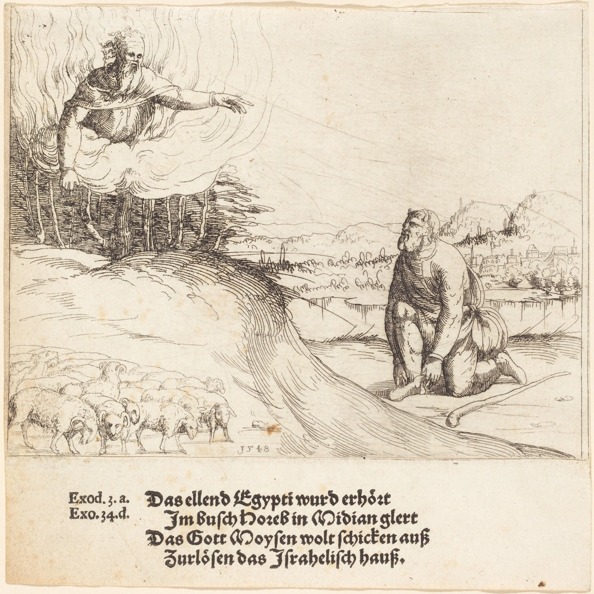 Moses and the Burning Bush, by Augustin Hirschvogel, ink, 1548