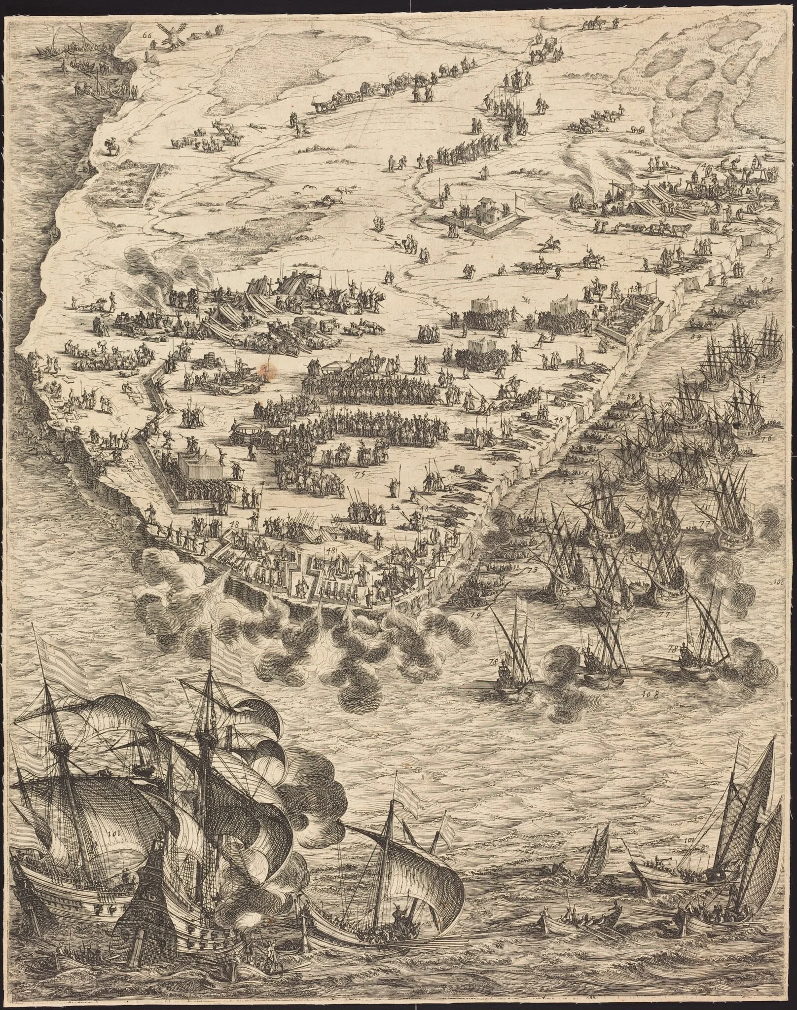 The Siege of La Rochelle [plate 10 of 16; set comprises 1952.8.97-112], by Jacques Callot, ink, 1630