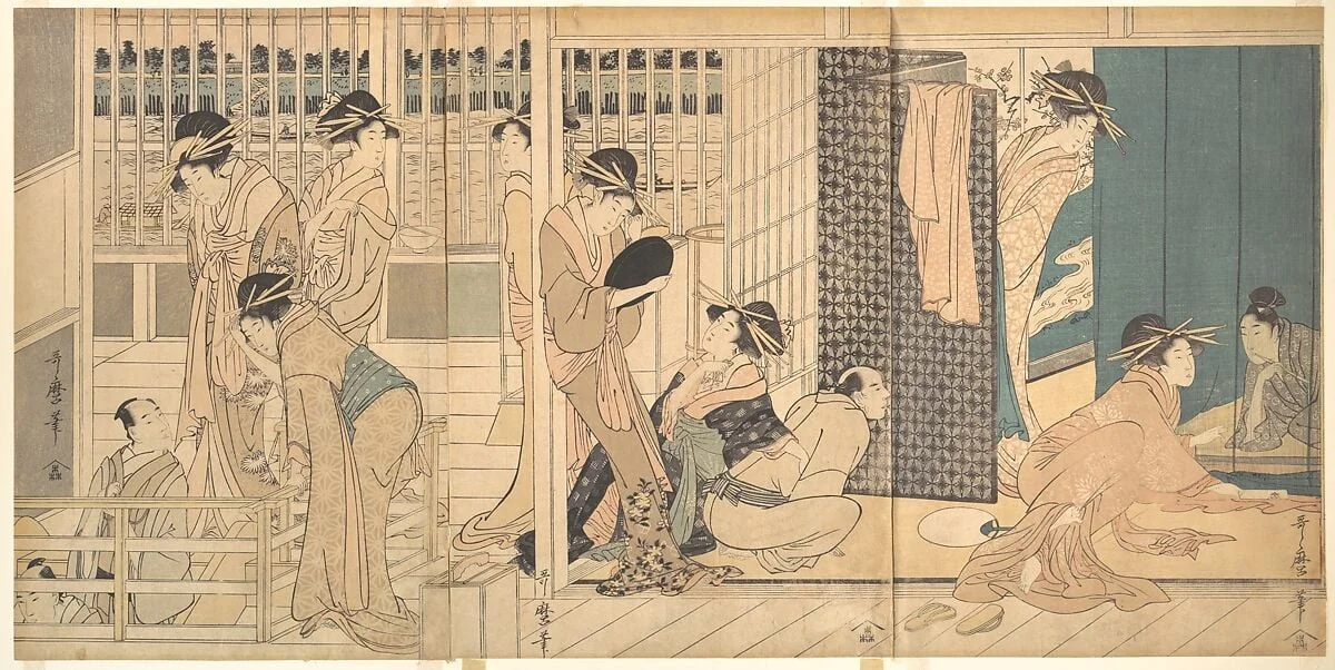 仮宅の後朝|Scene in the Yoshiwara, by Kitagawa Utamaro, ink, 1790