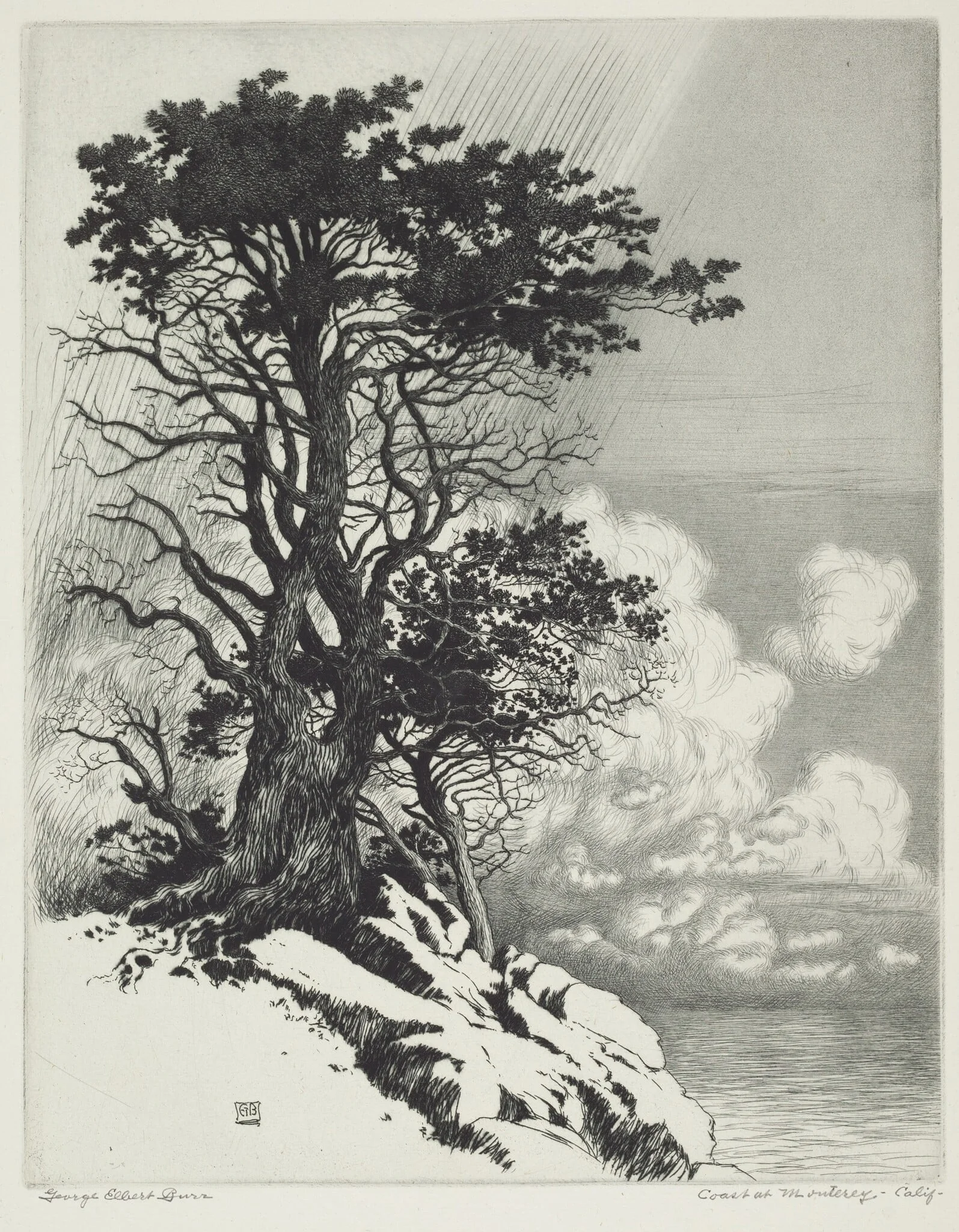Coast at Monterey, California, by George Elbert Burr, ink, 1925