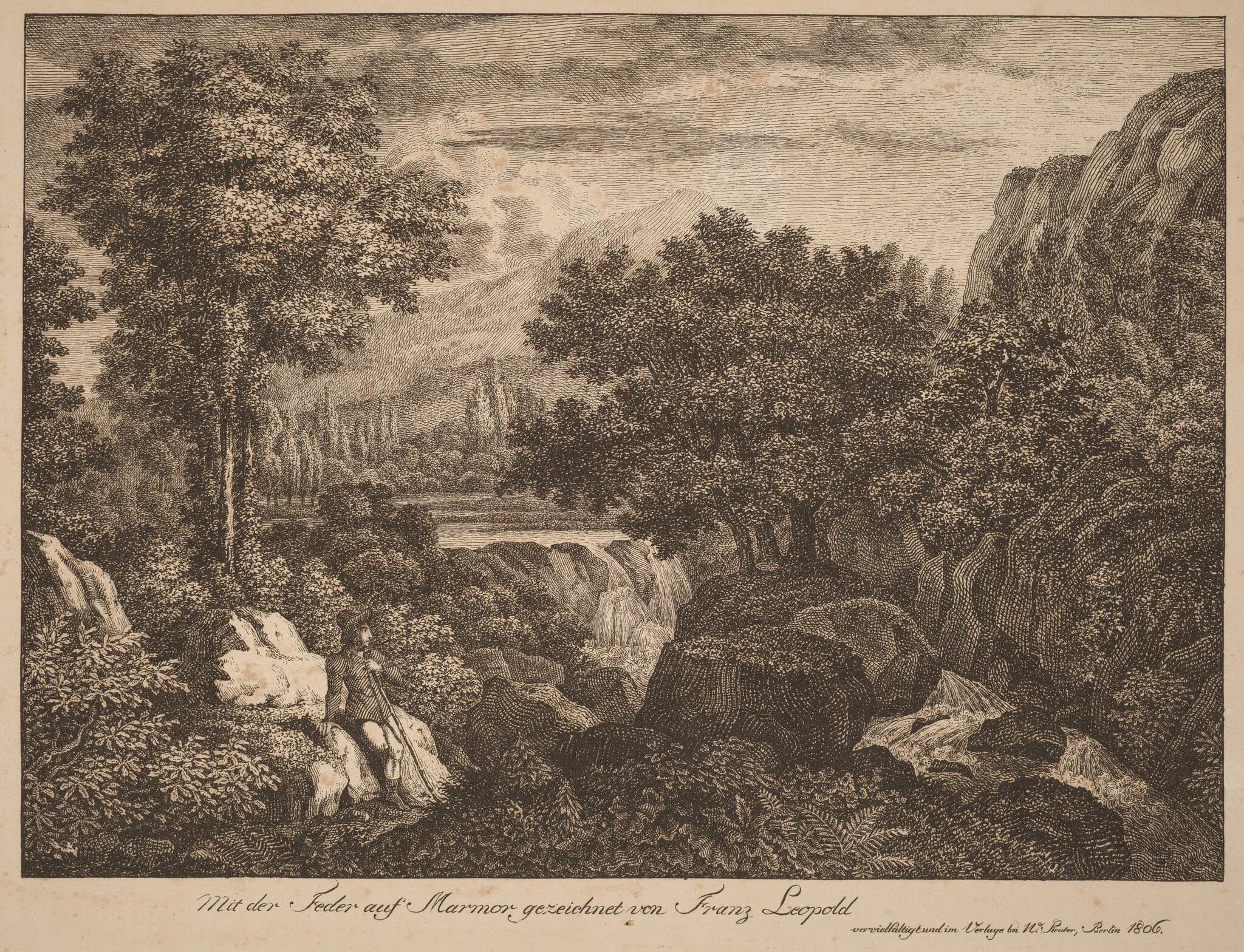 Resting Travelers in a Mountainous Landscape, by Franz Joseph Leopold, ink, 1806