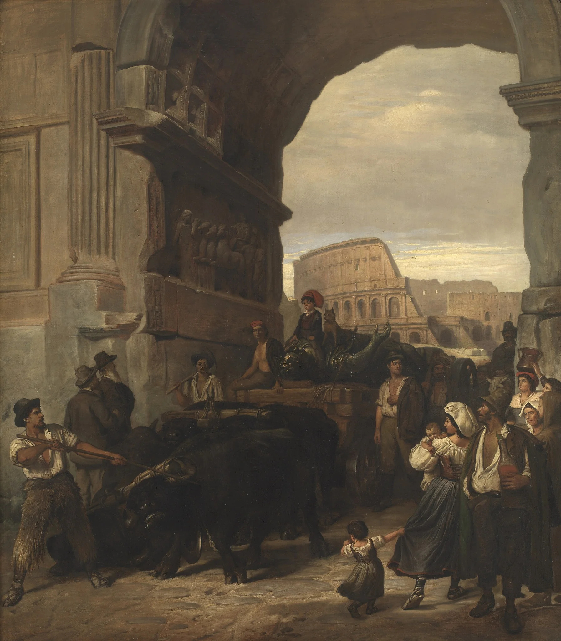 Roman Workmen Transporting an Antique Imperial Statue from the Colosseum through the Arch of Titus to the Capitoline Museums, by Ludvig Abelin Schou, oil, 1866