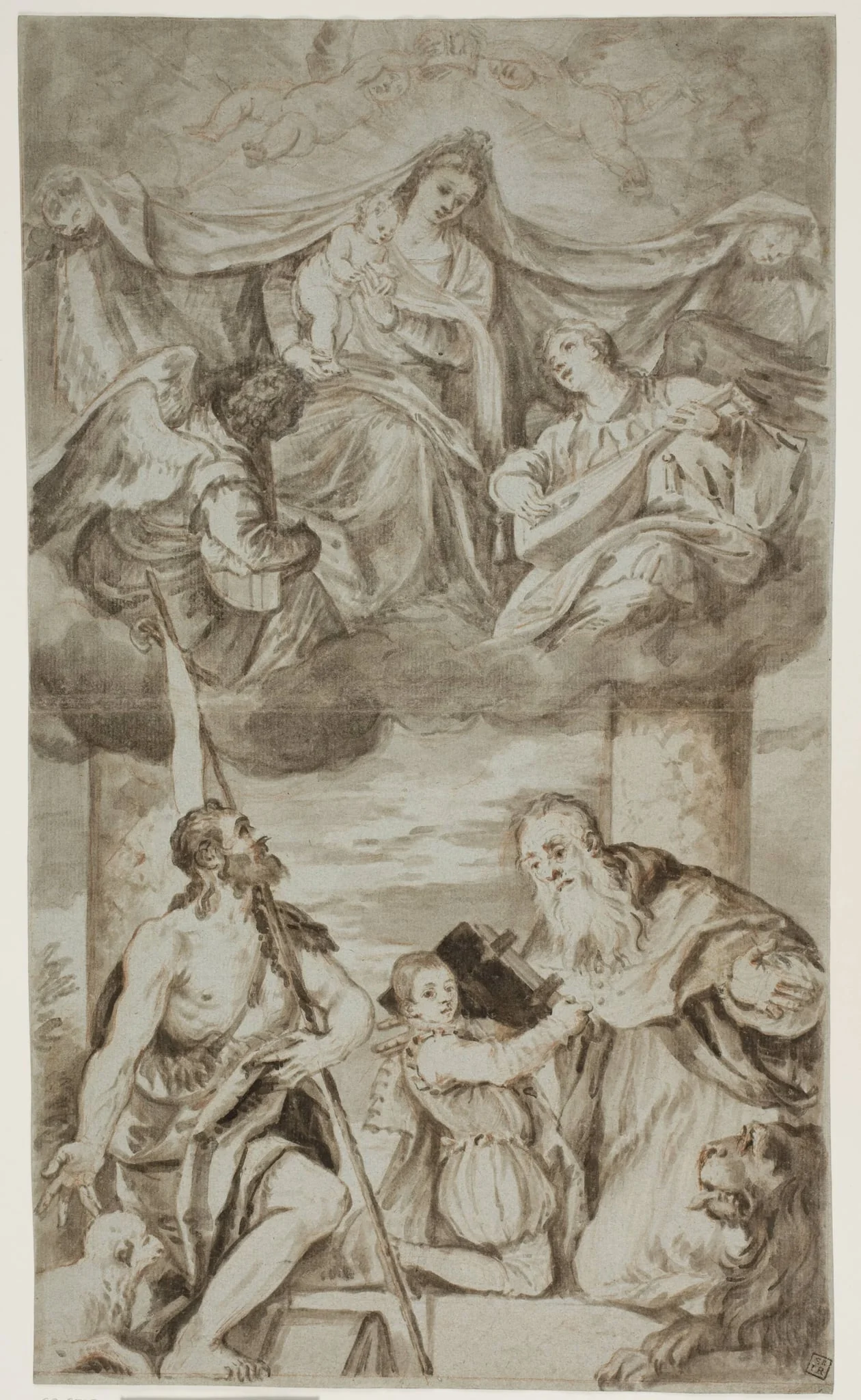 The Virgin and Child among angels in the clouds with Sts John the Baptist and Jerome, after Paolo Veronese’s painting formerly in S. Francesco della Vigna, Venice, by Unknown, unspecified, 1550
