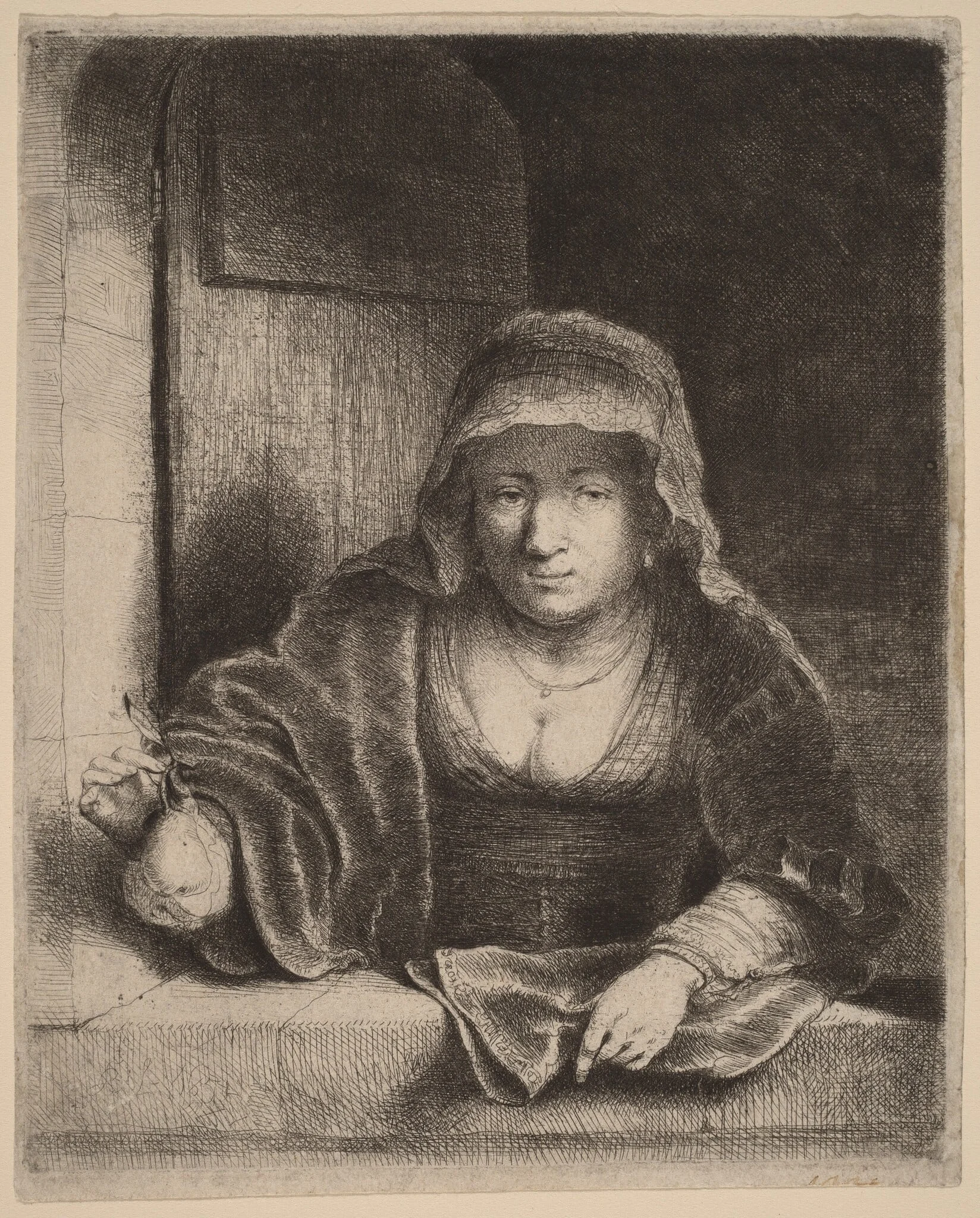 The Woman with the Pear, by Ferdinand Bol, ink, 1651
