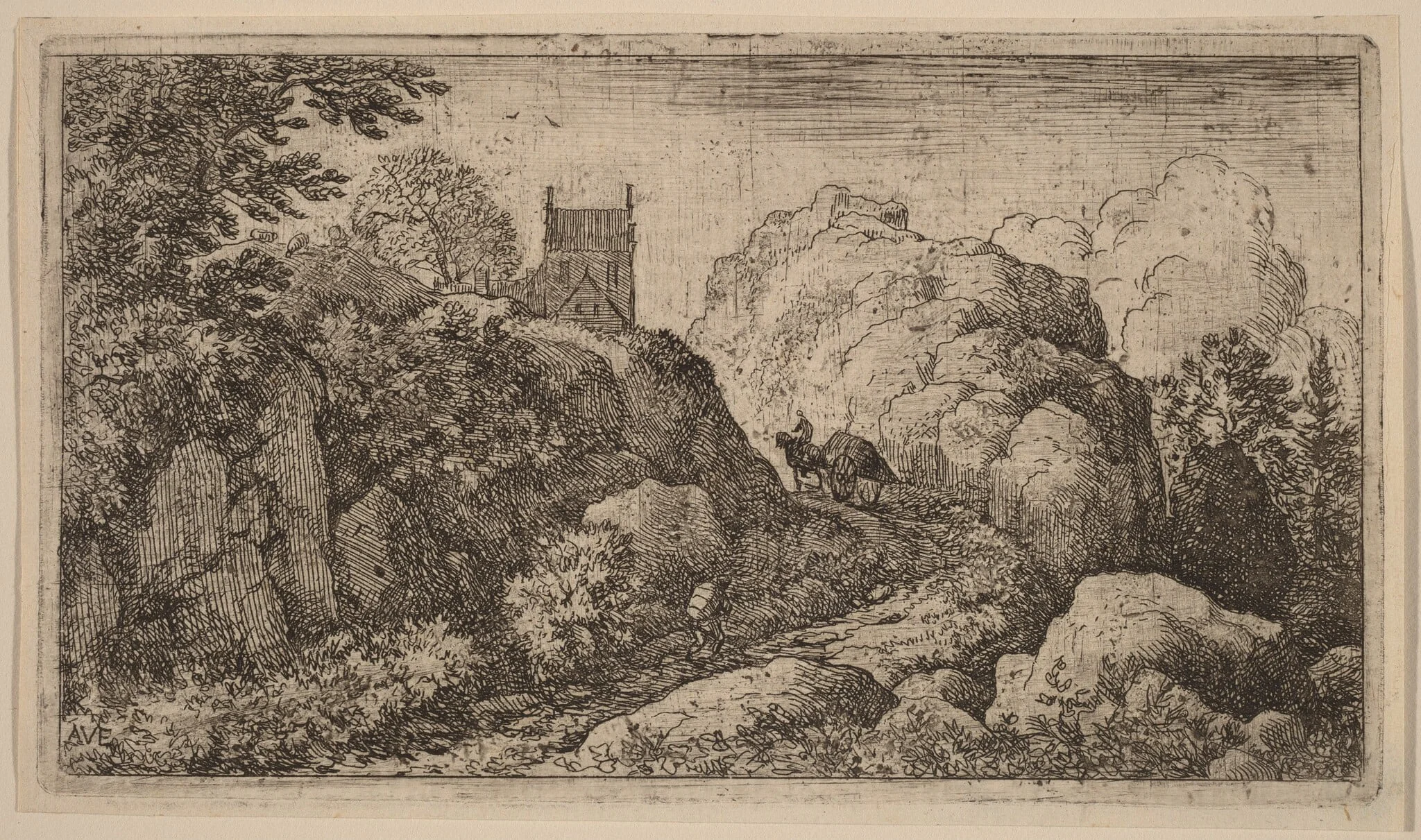 Cart in a Narrow Pass, by Allart van Everdingen, ink, 1650