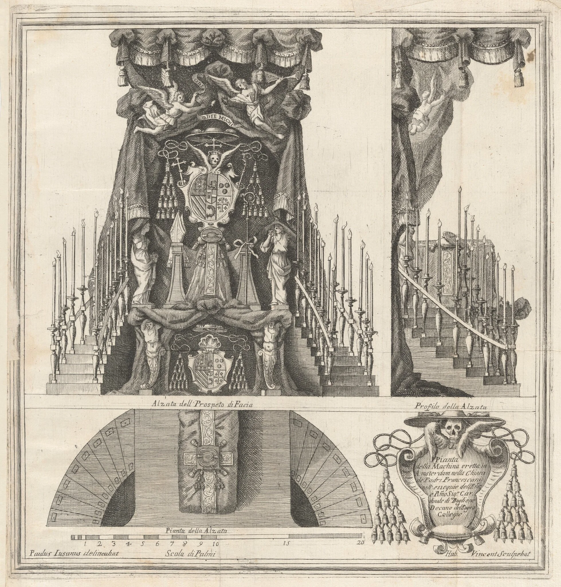 Plan, Elevation and Section of the Funeral Monument to the Cardinal of Bouillon, by Hubert Vincent, ink, 1715