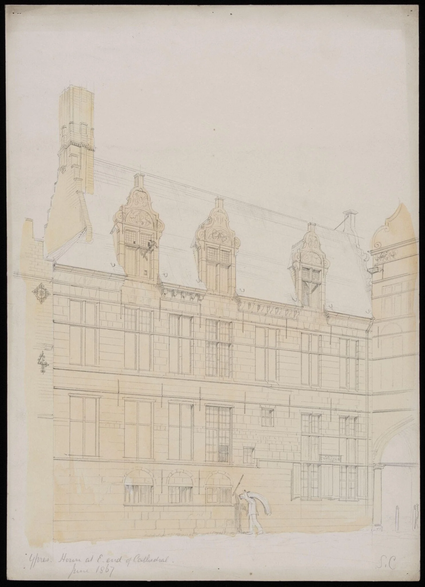 House at the E. end of the Cathedral, Ypres., by Somers Clarke, 1867