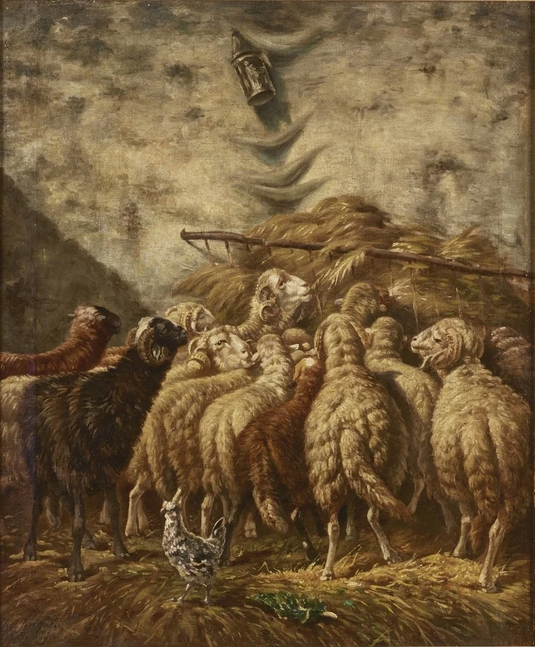 Interior of a Sheepfold by Night, by Charles Jacque, oil, 1863