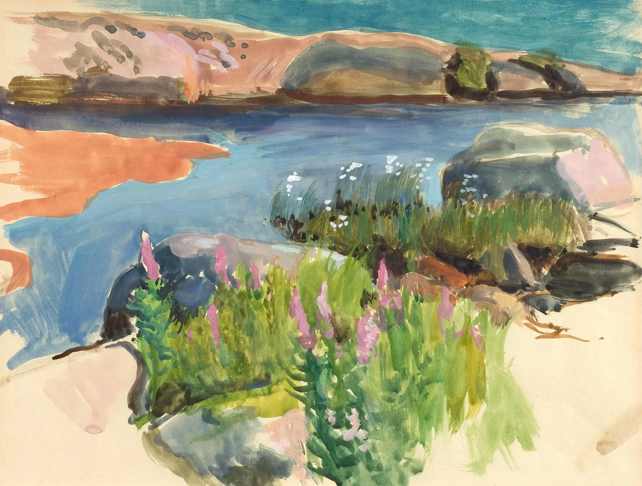 Kiviä, rantakukkia, vettä, by Eero Järnefelt
