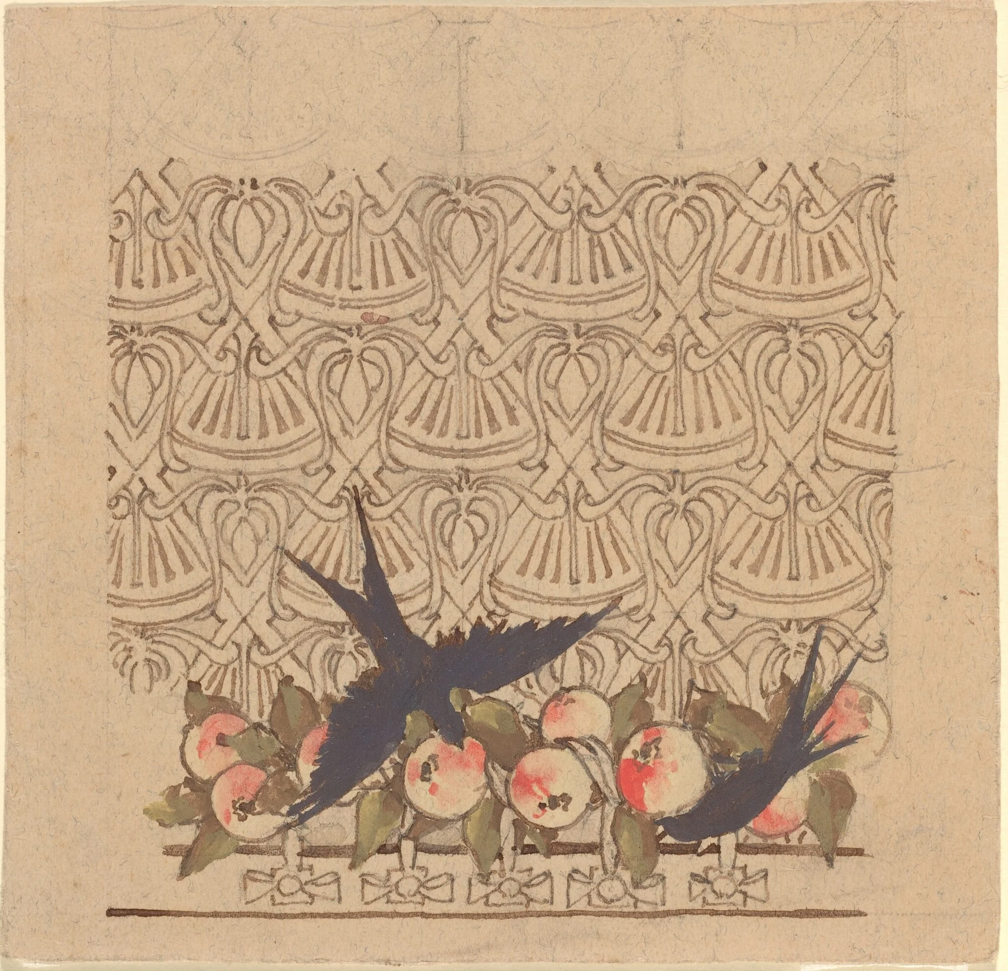 Ornamental design with two birds pecking at fruit, by Karel Vitezslav Masek, ink, 1894