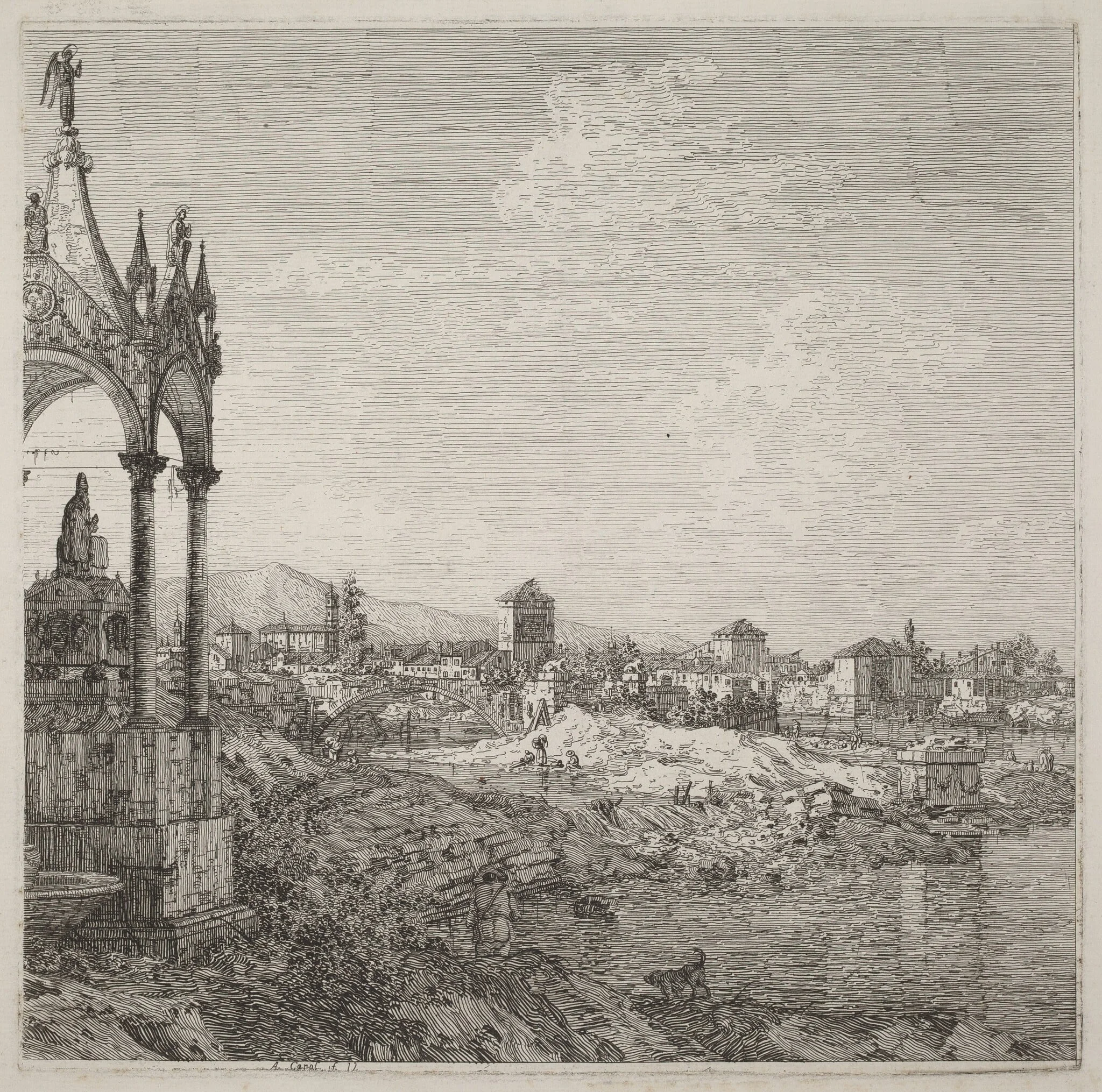 View of a Town with a Bishop's Tomb, by Canaletto, ink, 1740
