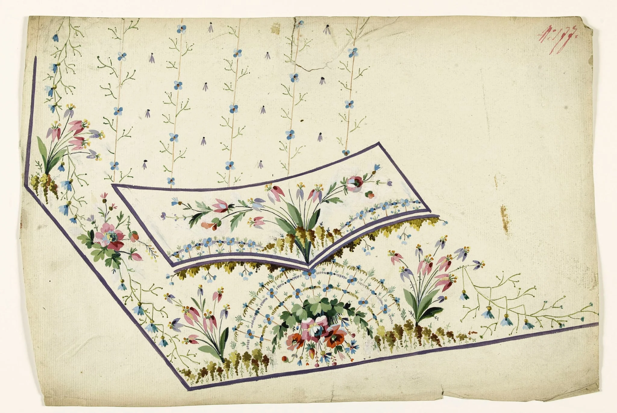 Bouquet suspendu surmonté d'un motif floral rayonnant, bouquets de fleurs et grappes, rayures fleuries, projets de broderies de gilet, XVIIIème siècle, by Anonyme, 1750
