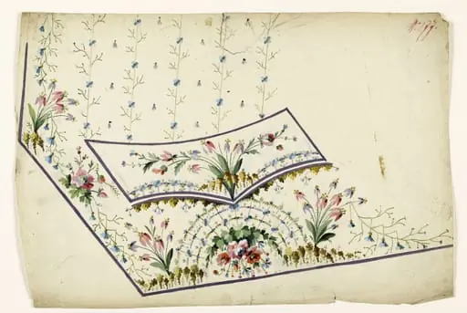 Bouquet suspendu surmonté d'un motif floral rayonnant, bouquets de fleurs et grappes, rayures fleuries, projets de broderies de gilet, XVIIIème siècle