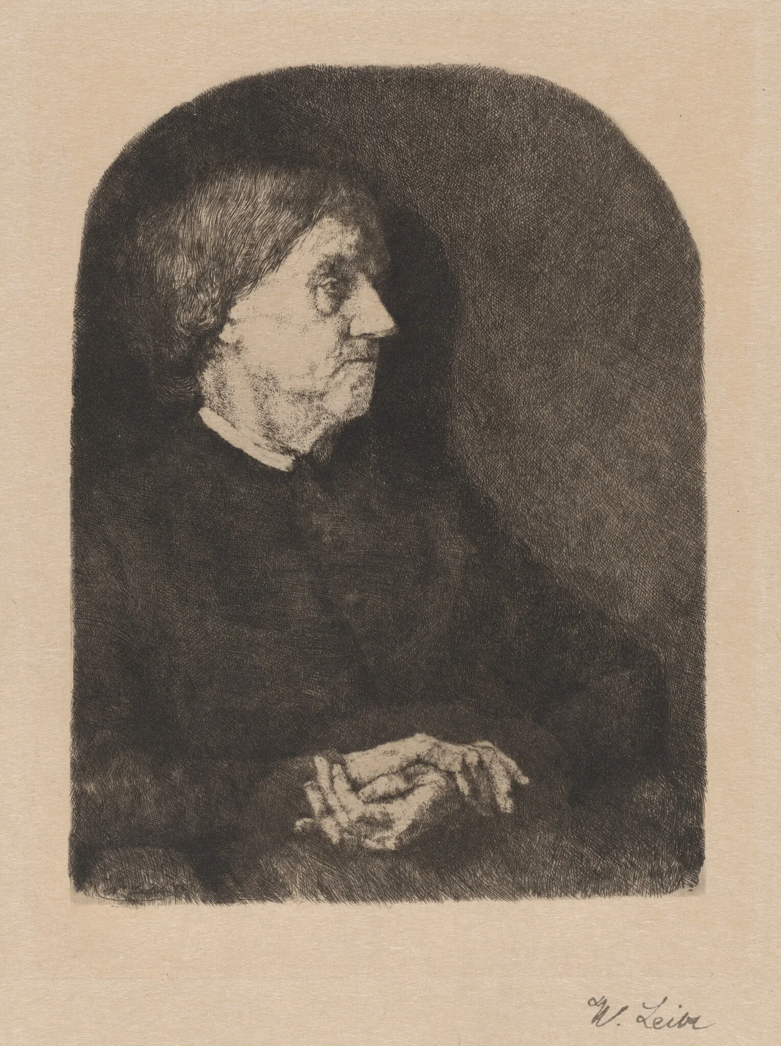 Leibl's Mother, by Wilhelm Leibl, ink, 1874