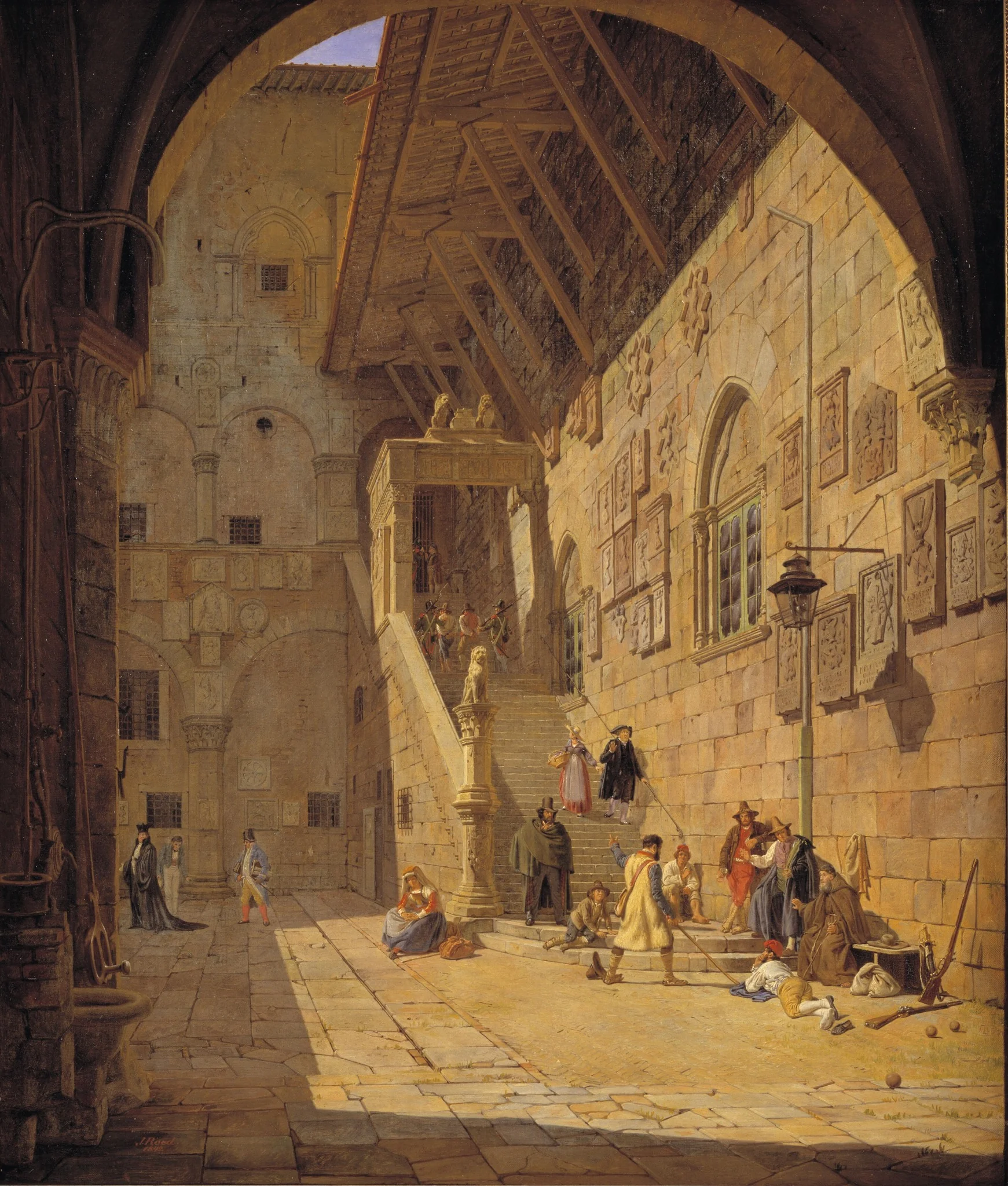 The Courtyard of the Palazzo del Bargello. Florence, by Jørgen Roed, oil, 1842