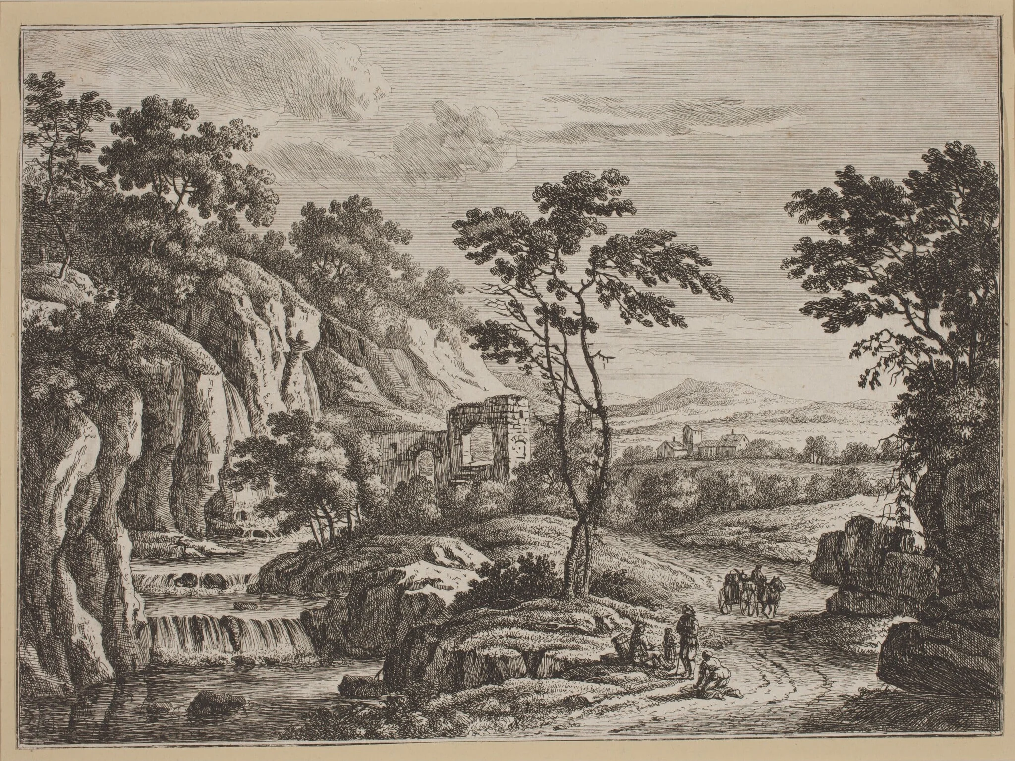 Landscape with Ruins and a Waterfall, by Johann Christoph Dietzsch, ink, 1740