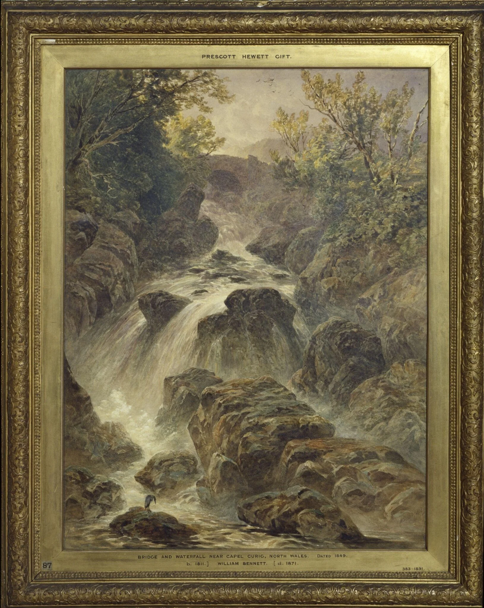 The bridge and waterfall near Capel Curig, by William Bennett, watercolor, 1849