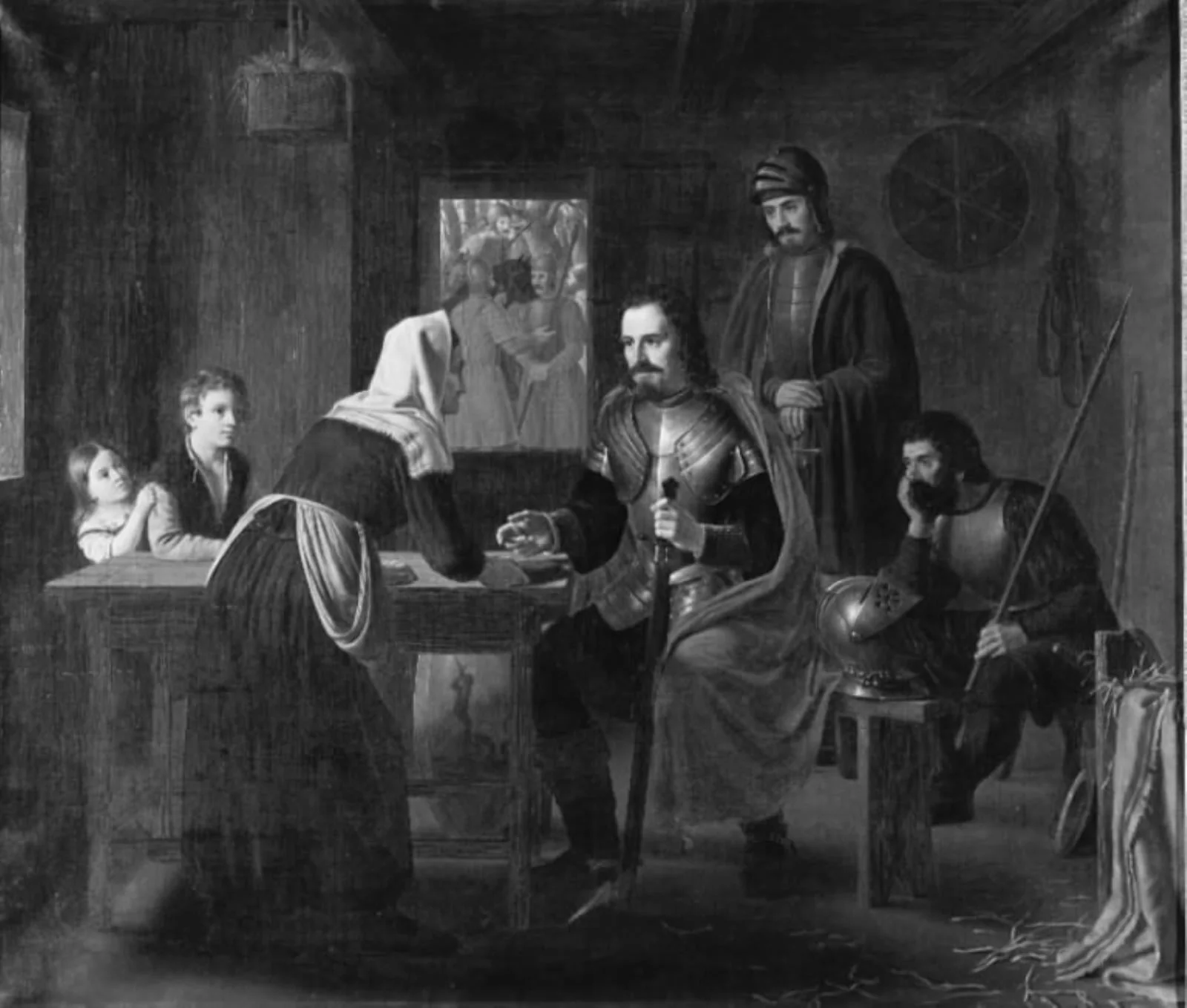Niels Ebbesen besøger en fattig kone på vej til Randers, morgenen efter grev Gerts død, by Unknown, 1850