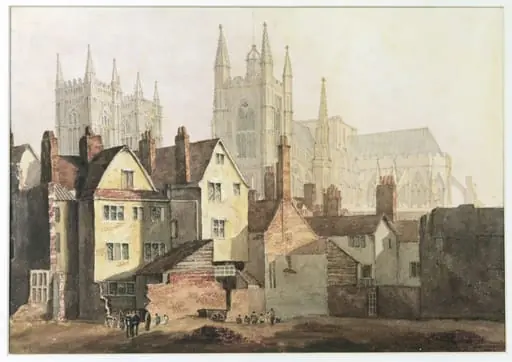 St. Margaret's, Westminster, and the abbey with old buildings in the foreground