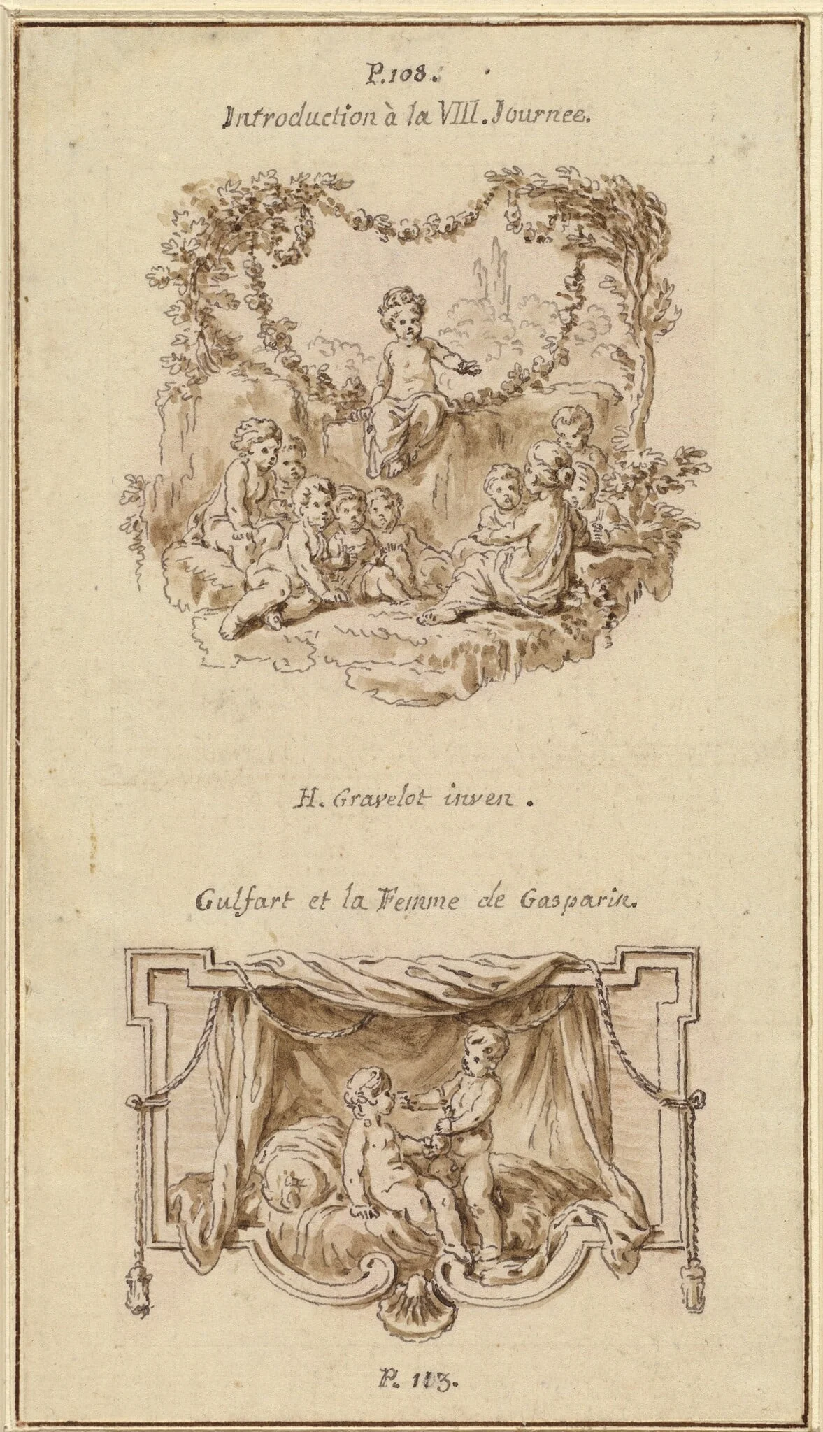 Nine Children Listening to a Girl Tell a Story; A Boy Handing a Purse to a Girl Seated on a Bed, by Hubert François Gravelot, ink, 1757