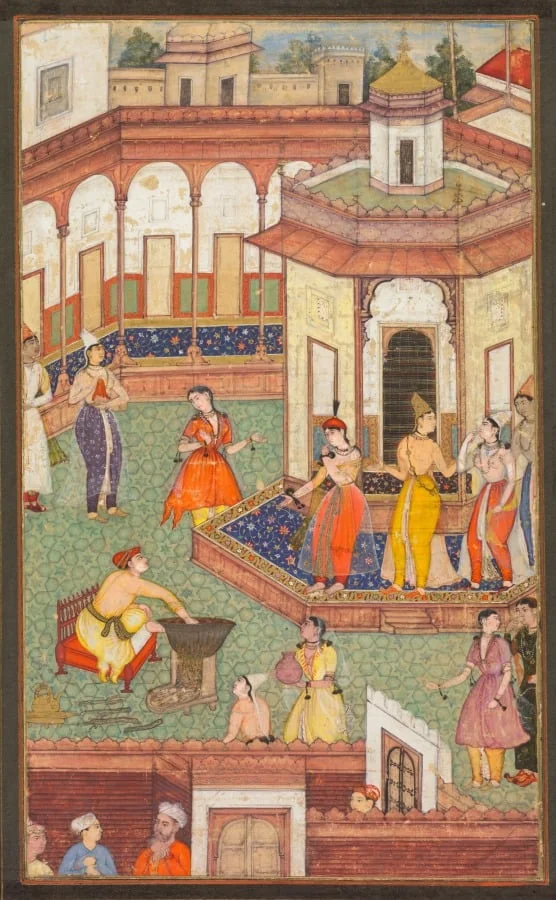 A Man Dips His Hand into a Cauldron as Ladies of the Harem Stand in Amazement: A Page from a Manuscript of Religious History, by Unknown, unspecified, 1600