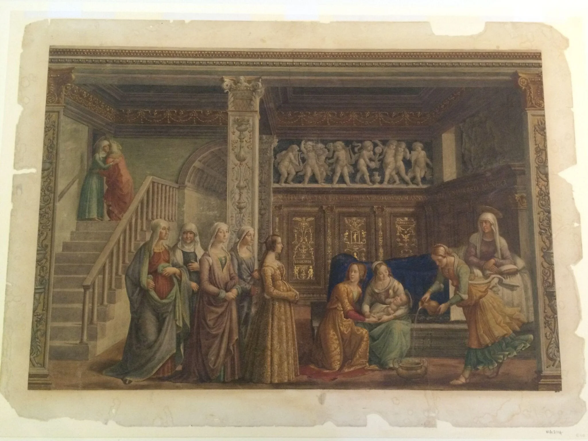 Copy after the Nativity of the Virgin, Domenico Ghirlandaio in the Tornabuoni Chapel, Santa Maria Novella (Florence), by Domenico Ghirlandaio, watercolor, 1860