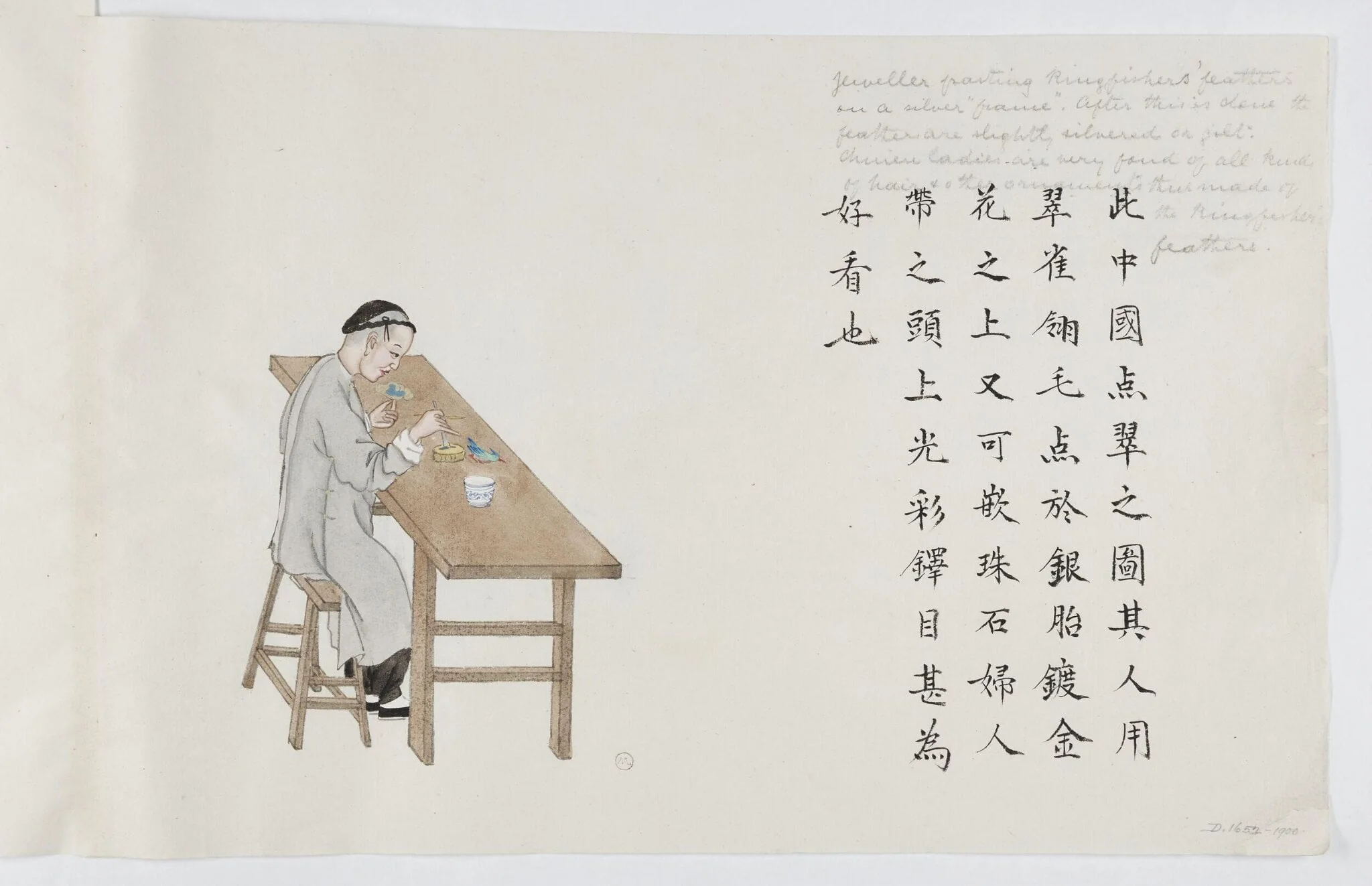 Jeweller pasting kingfisher feathers on a silver-gilt frame, by Peichun Zhou, paint, 1885